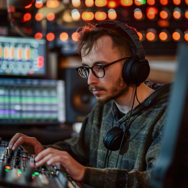 Ingénieur du son ajustant les basses d’un mixage audio au casque devant une console de studio.