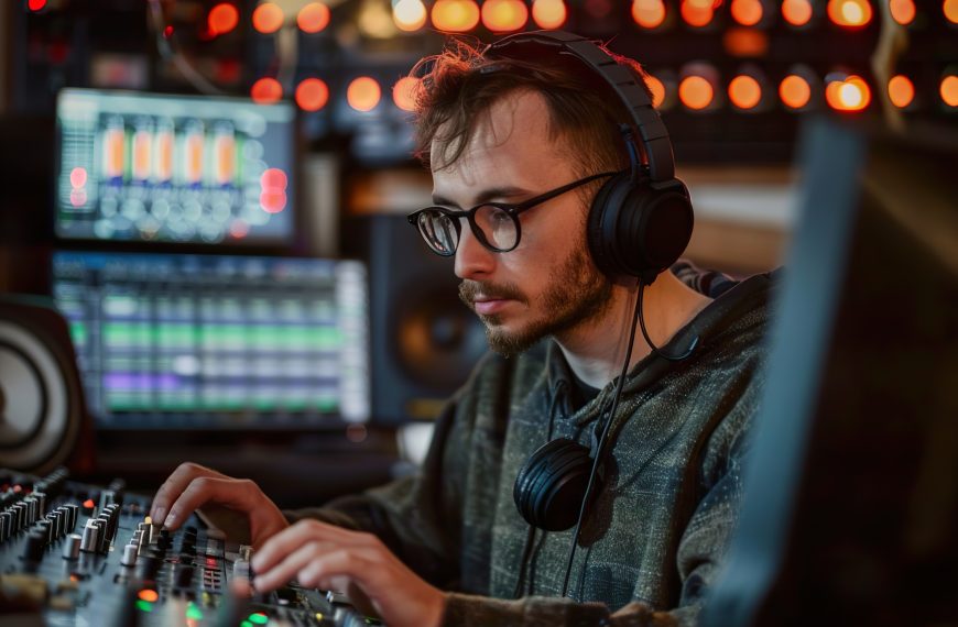 Ingénieur du son ajustant les basses d’un mixage audio au casque devant une console de studio.