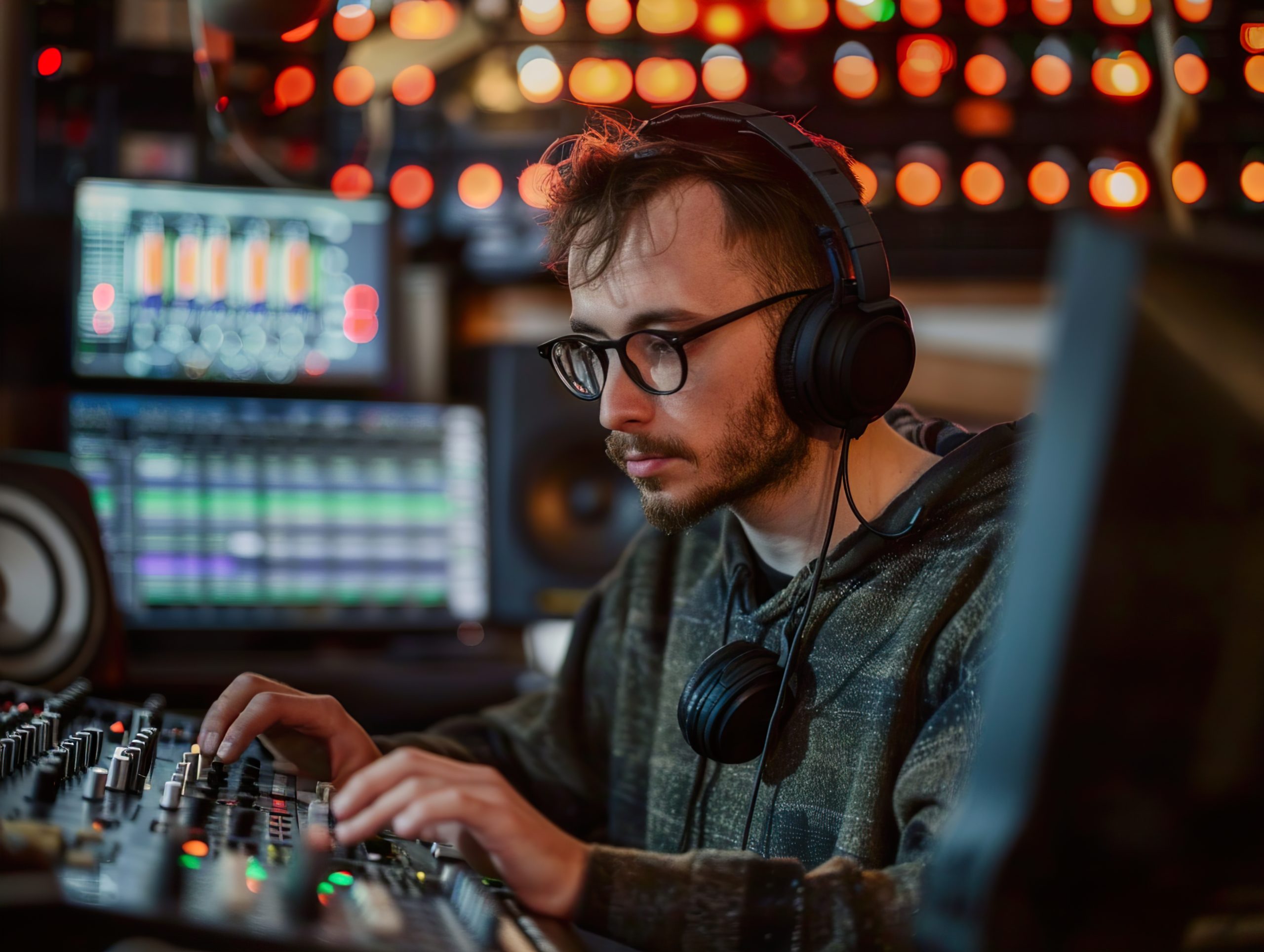 Ingénieur du son ajustant les basses d’un mixage audio au casque devant une console de studio.