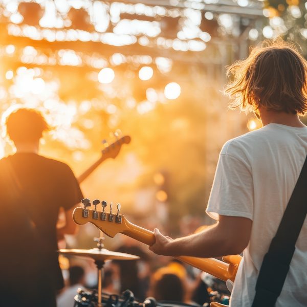Groupe de musique jouant sur la scène d’un festival à 18 h devant les premiers spectateurs