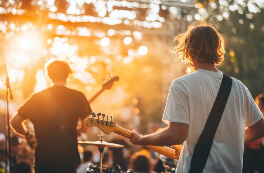 Groupe de musique jouant sur la scène d’un festival à 18 h devant les premiers spectateurs