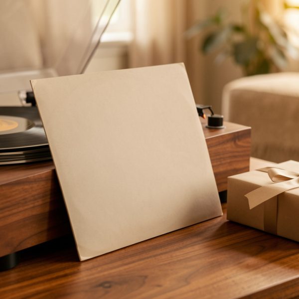 Un disque vinyle posé près d’une platine en bois et d’un cadeau soigneusement emballé dans un salon chaleureux.