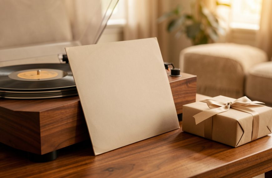 Un disque vinyle posé près d’une platine en bois et d’un cadeau soigneusement emballé dans un salon chaleureux.