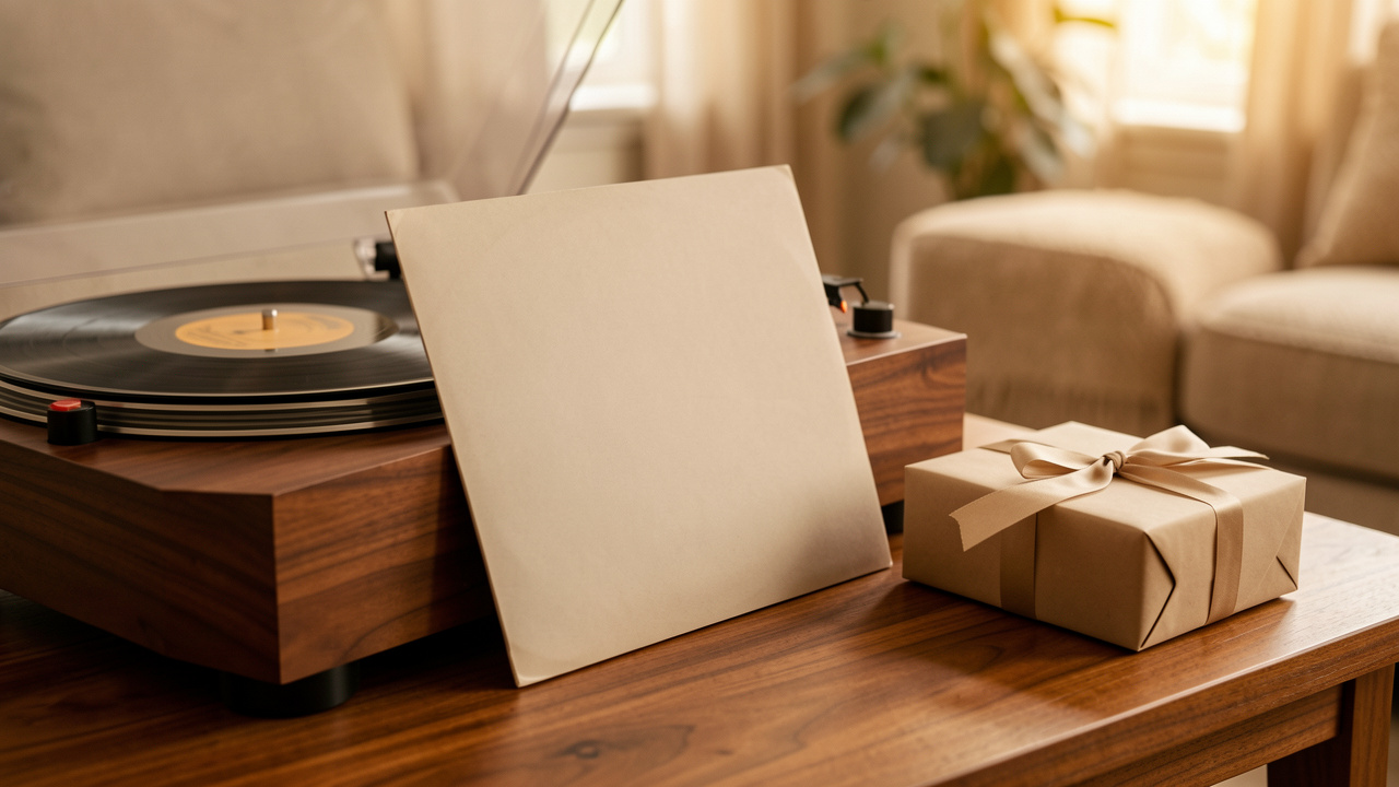 Un disque vinyle posé près d’une platine en bois et d’un cadeau soigneusement emballé dans un salon chaleureux.