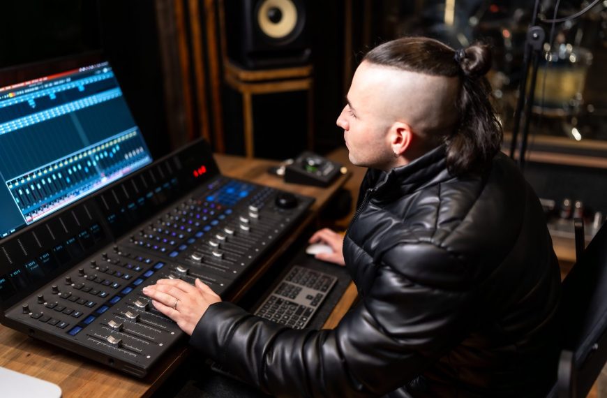 Producteur de musique ajustant une ligne de basse 808 sur un logiciel audio, devant des moniteurs de studio.
