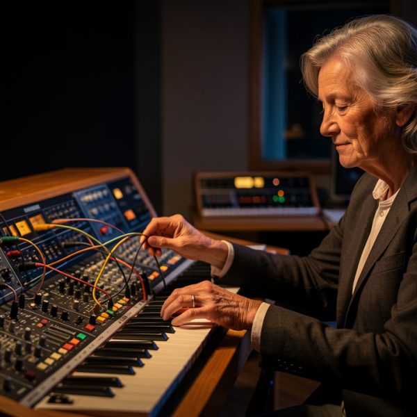 Une compositrice âgée dans un studio analogique, entourée de grands synthétiseurs modulaires, baignée de lumières sombres et méditatives.