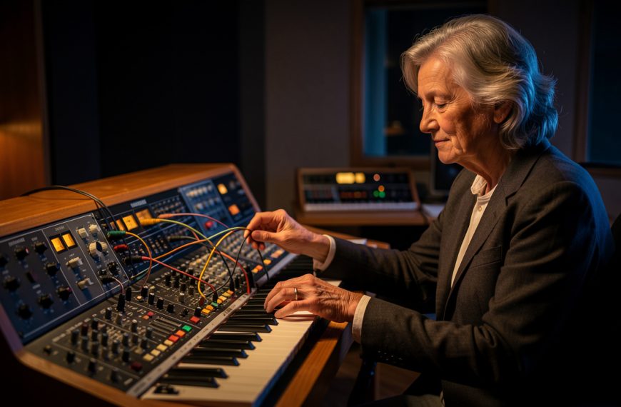 Une compositrice âgée dans un studio analogique, entourée de grands synthétiseurs modulaires, baignée de lumières sombres et méditatives.