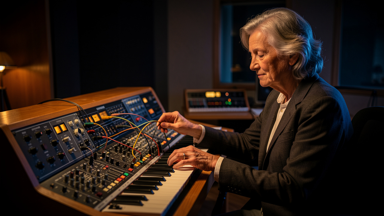 Une compositrice âgée dans un studio analogique, entourée de grands synthétiseurs modulaires, baignée de lumières sombres et méditatives.
