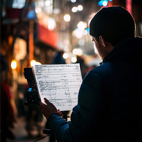 Musicien examinant attentivement son relevé de droits d’auteur sur un bureau.