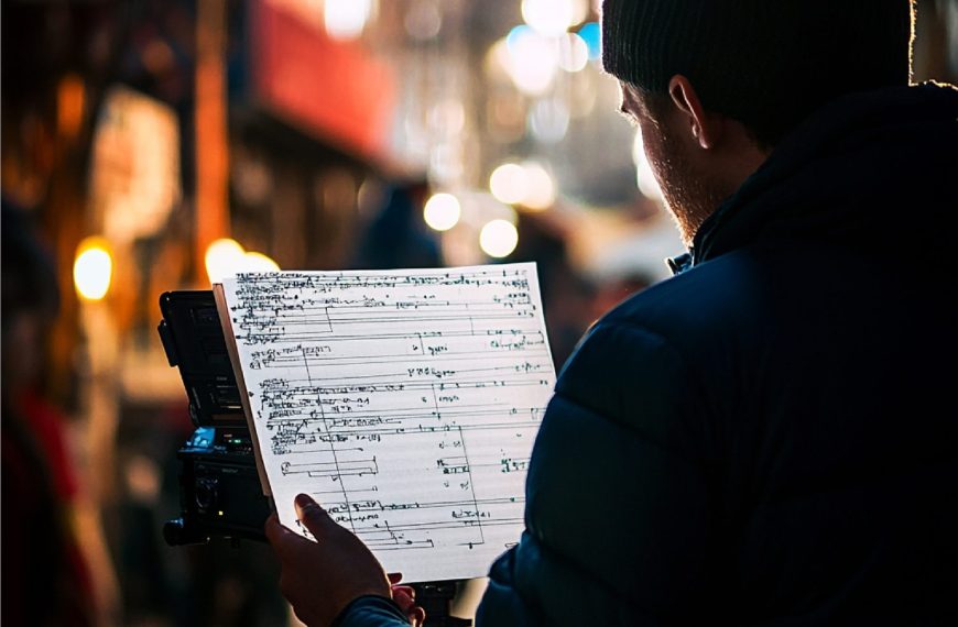 Musicien examinant attentivement son relevé de droits d’auteur sur un bureau.