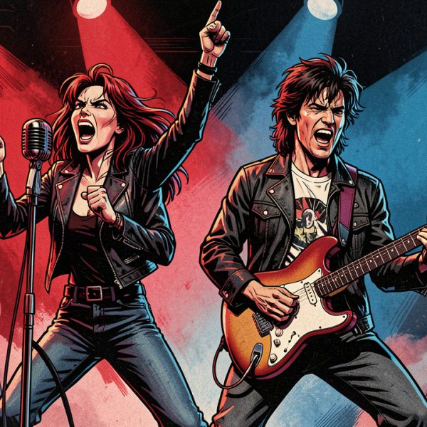 Illustration éditoriale d’un duo de rock français fictif des années 1980 sur scène, avec une chanteuse expressive au microphone et un guitariste, baignés dans des lumières rouges et bleues au style new wave.