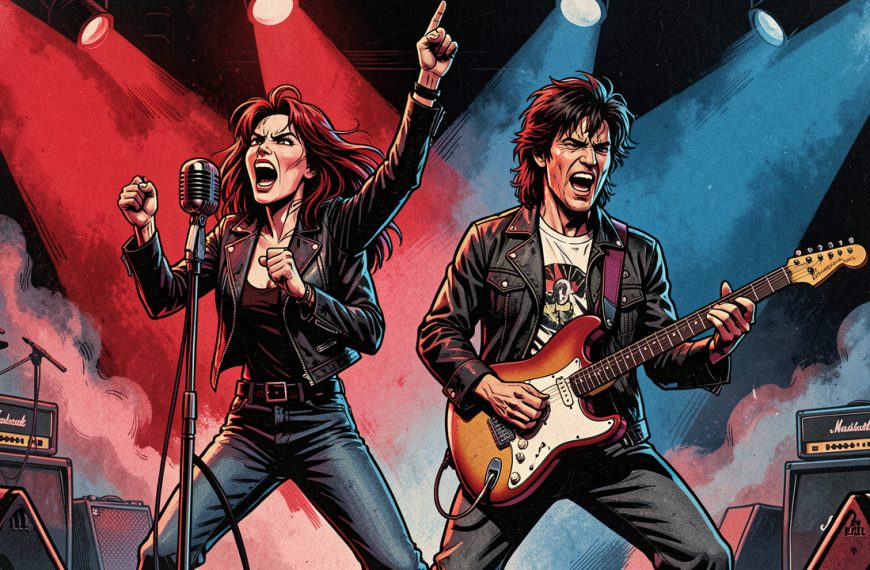 Illustration éditoriale d’un duo de rock français fictif des années 1980 sur scène, avec une chanteuse expressive au microphone et un guitariste, baignés dans des lumières rouges et bleues au style new wave.