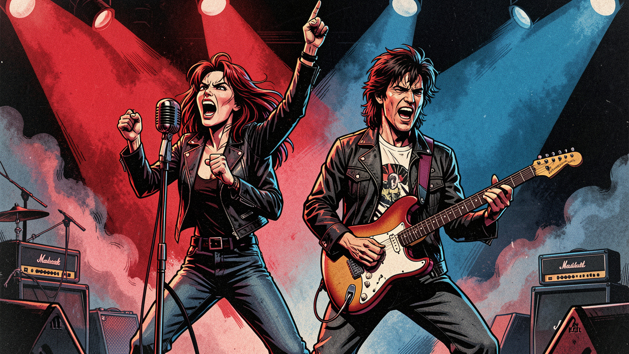 Illustration éditoriale d’un duo de rock français fictif des années 1980 sur scène, avec une chanteuse expressive au microphone et un guitariste, baignés dans des lumières rouges et bleues au style new wave.