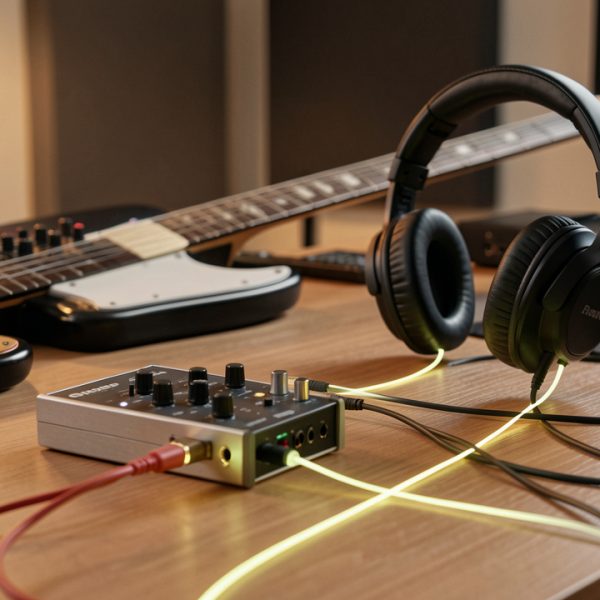 Guitare électrique reliée à une interface audio et à un casque de studio sur un bureau d’enregistrement, illustrant une écoute avec un délai minimal.