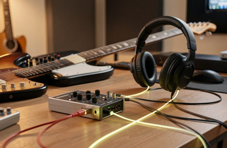 Guitare électrique reliée à une interface audio et à un casque de studio sur un bureau d’enregistrement, illustrant une écoute avec un délai minimal.