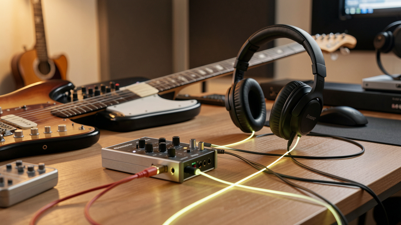 Guitare électrique reliée à une interface audio et à un casque de studio sur un bureau d’enregistrement, illustrant une écoute avec un délai minimal.