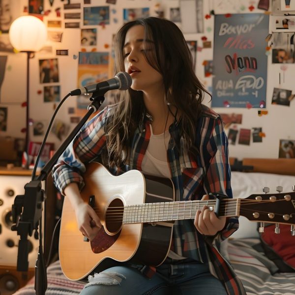 Chanteuse enregistrant sa voix devant un microphone dans une chambre non traitée.