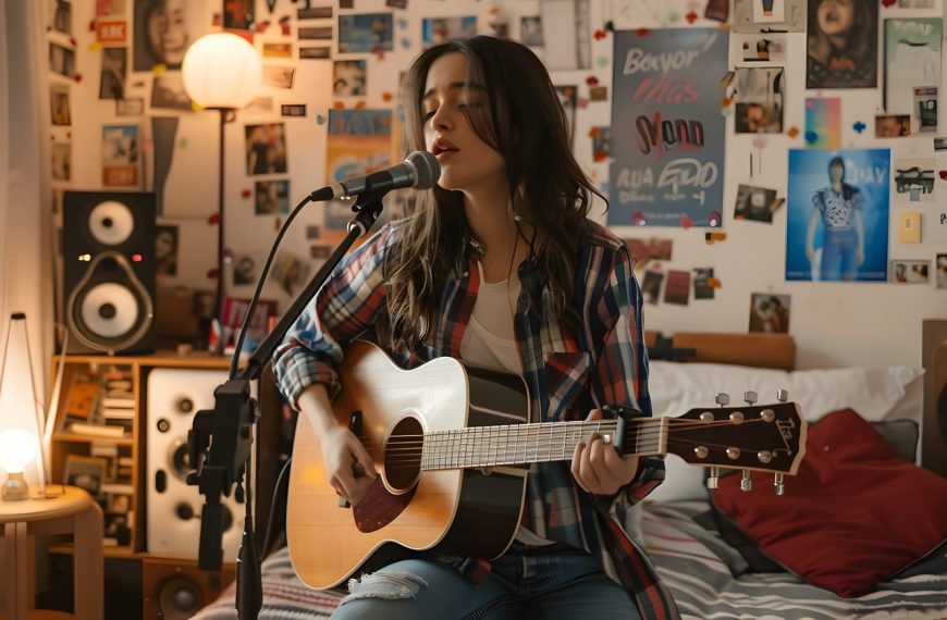 Chanteuse enregistrant sa voix devant un microphone dans une chambre non traitée.