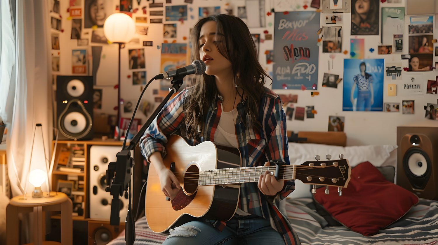 Chanteuse enregistrant sa voix devant un microphone dans une chambre non traitée.