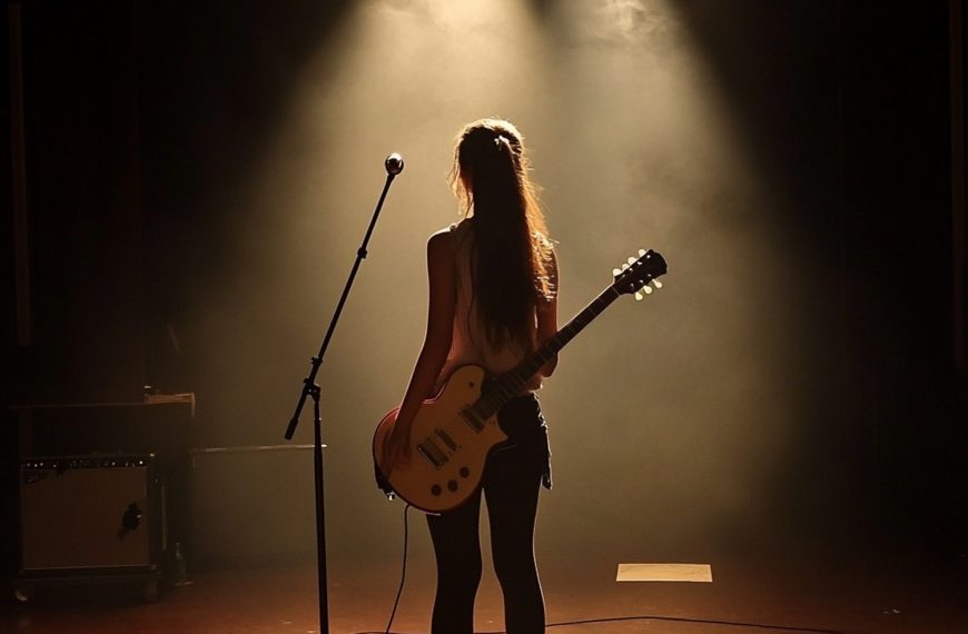 Artiste solo installé sur scène avec son microphone, ses instruments et son matériel technique.