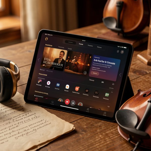 Nature morte éditoriale chaleureuse montrant une plateforme musicale haut de gamme sur tablette, des partitions anciennes vierges, un casque audio et des violes de gambe.