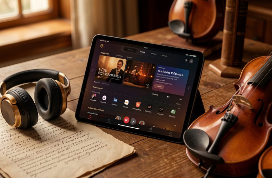 Nature morte éditoriale chaleureuse montrant une plateforme musicale haut de gamme sur tablette, des partitions anciennes vierges, un casque audio et des violes de gambe.