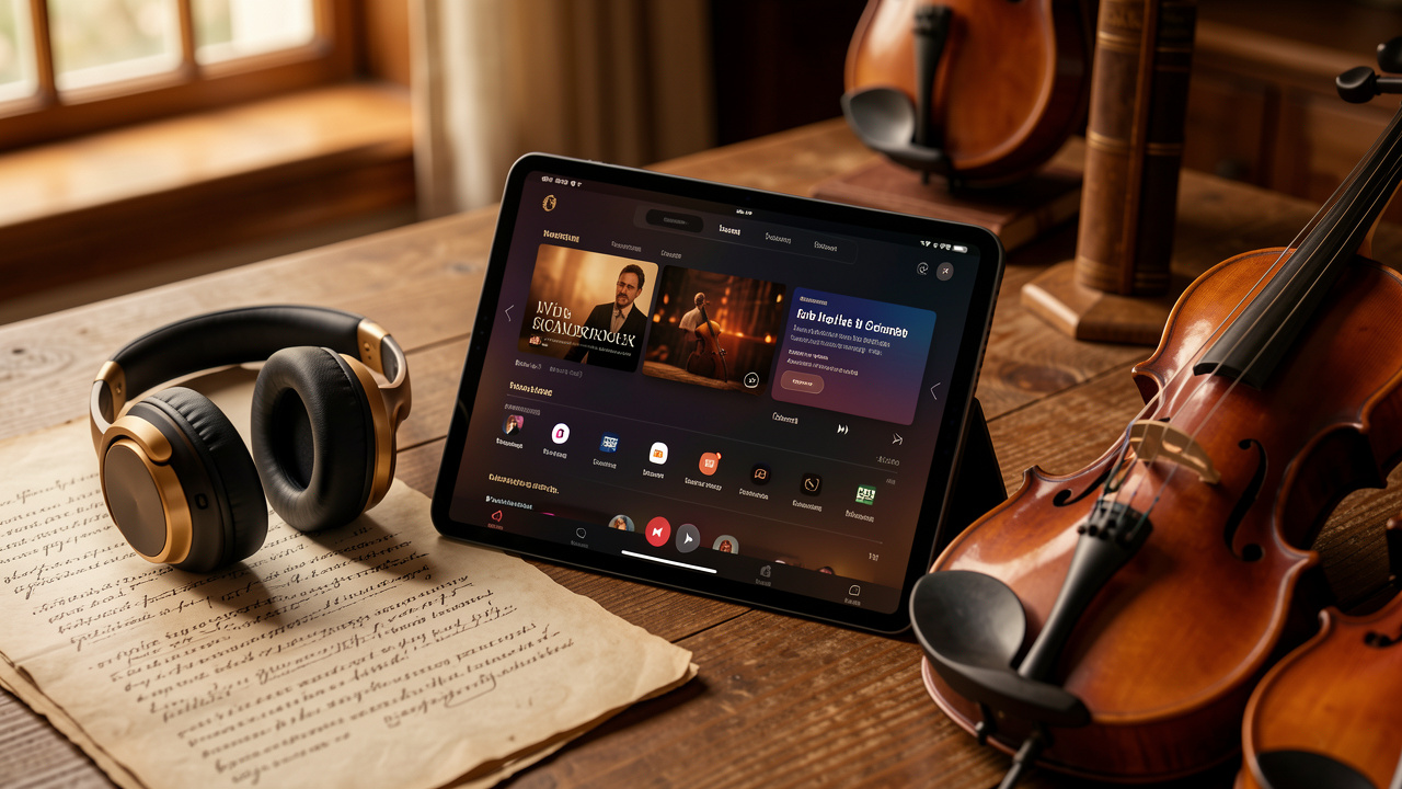 Nature morte éditoriale chaleureuse montrant une plateforme musicale haut de gamme sur tablette, des partitions anciennes vierges, un casque audio et des violes de gambe.