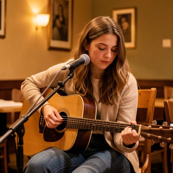 Une jeune femme chanteuse et musicienne répète une mélodie originale à la guitare devant un microphone, dans l’ambiance chaleureuse d’une première scène ouverte.