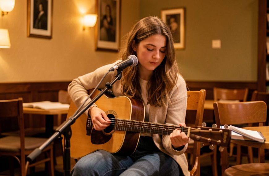 Une jeune femme chanteuse et musicienne répète une mélodie originale à la guitare devant un microphone, dans l’ambiance chaleureuse d’une première scène ouverte.