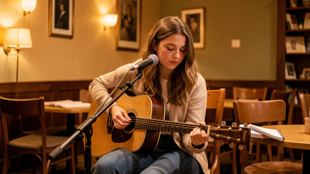 Une jeune femme chanteuse et musicienne répète une mélodie originale à la guitare devant un microphone, dans l’ambiance chaleureuse d’une première scène ouverte.