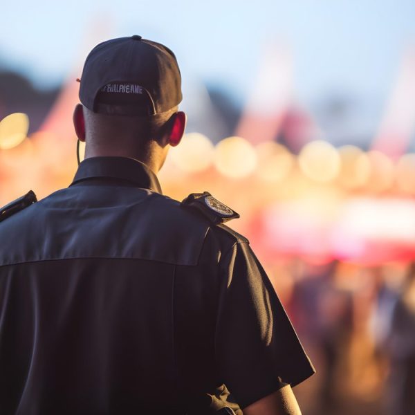 Agents de sécurité surveillant la foule à l’entrée d’un festival accueillant plusieurs centaines de personnes.