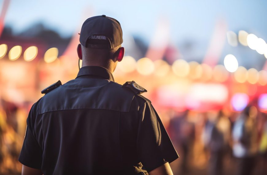 Agents de sécurité surveillant la foule à l’entrée d’un festival accueillant plusieurs centaines de personnes.