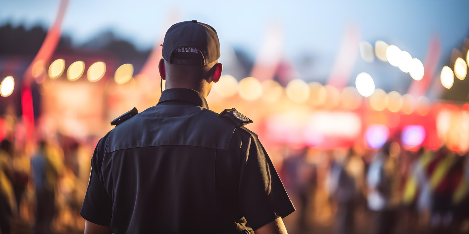 Agents de sécurité surveillant la foule à l’entrée d’un festival accueillant plusieurs centaines de personnes.