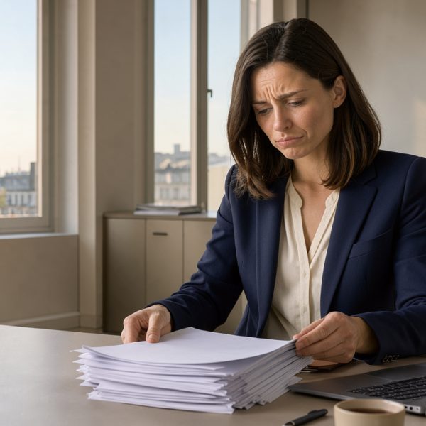 Jeune femme examinant des documents juridiques vierges dans un bureau parisien, avec la tour Eiffel visible en arrière-plan.