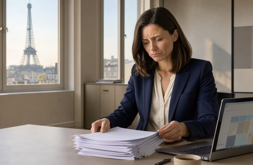 Jeune femme examinant des documents juridiques vierges dans un bureau parisien, avec la tour Eiffel visible en arrière-plan.