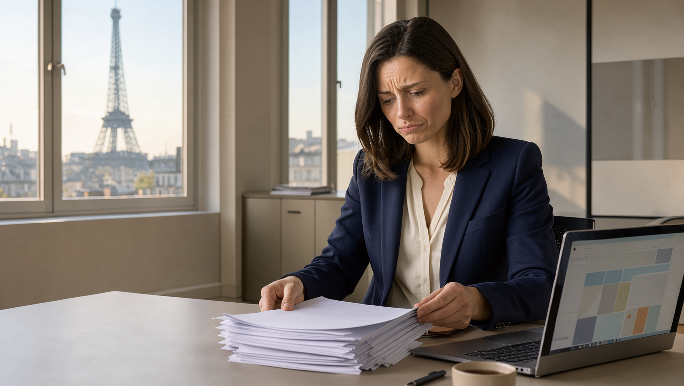 Jeune femme examinant des documents juridiques vierges dans un bureau parisien, avec la tour Eiffel visible en arrière-plan.