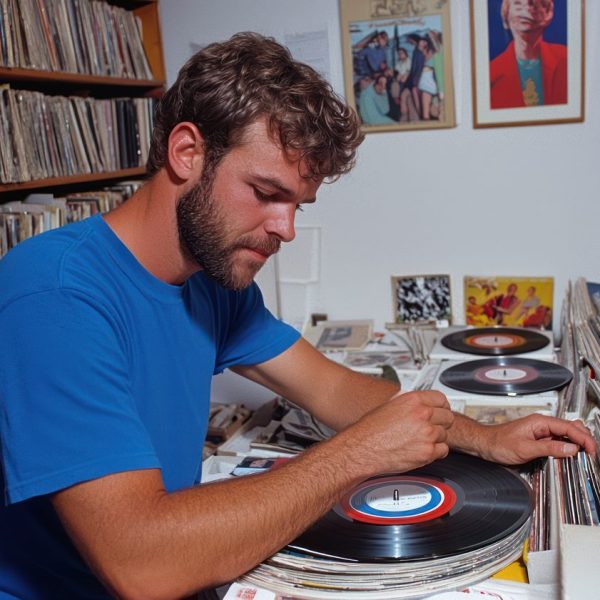 Producteur de musique échantillonnant un disque vinyle pour créer un beat lo-fi.