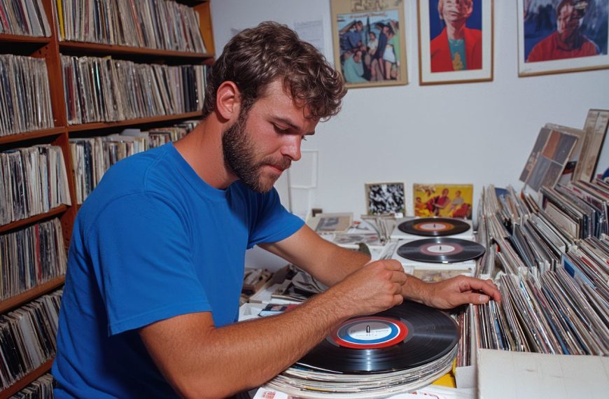 Producteur de musique échantillonnant un disque vinyle pour créer un beat lo-fi.