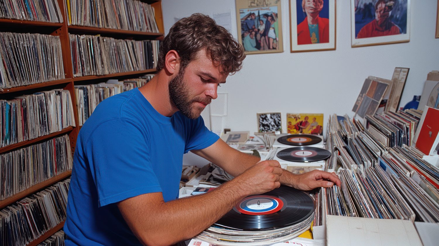 Producteur de musique échantillonnant un disque vinyle pour créer un beat lo-fi.