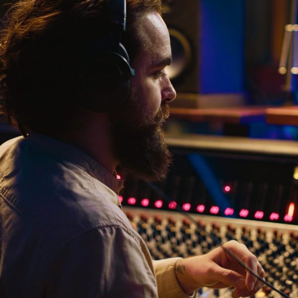 Producteur ajustant la largeur stéréo d’un synthétiseur sur une console de mixage