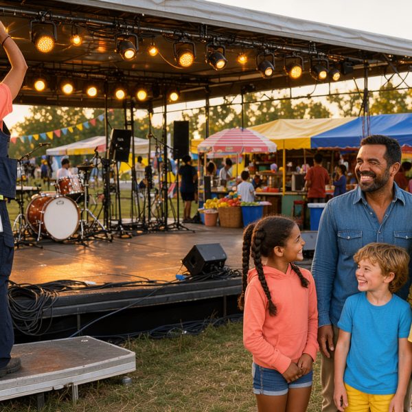 Une famille profite d’un festival de musique en plein air pendant qu’une régisseuse ajuste les lumières de la scène dans une ambiance chaleureuse et accueillante.