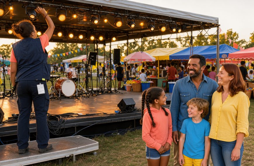 Une famille profite d’un festival de musique en plein air pendant qu’une régisseuse ajuste les lumières de la scène dans une ambiance chaleureuse et accueillante.