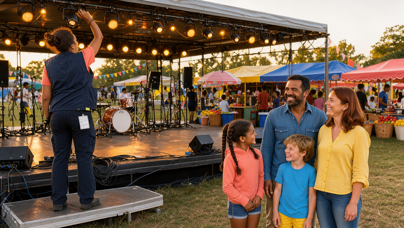 Une famille profite d’un festival de musique en plein air pendant qu’une régisseuse ajuste les lumières de la scène dans une ambiance chaleureuse et accueillante.