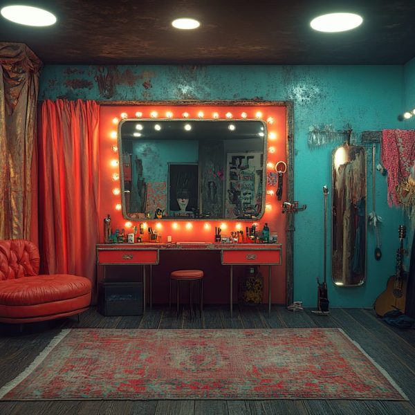 Quatre artistes se préparent dans une loge de festival aménagée simplement.