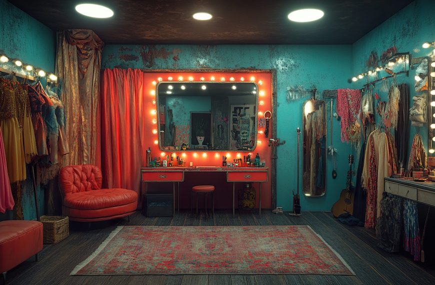 Quatre artistes se préparent dans une loge de festival aménagée simplement.
