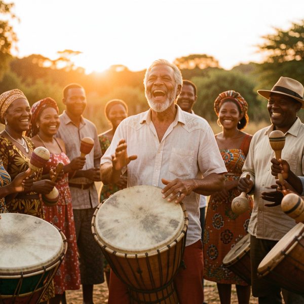 Un chanteur créole entouré de musiciennes et musiciens joue du roulèr et du kayamb lors d’un kabar réunionnais au coucher du soleil.