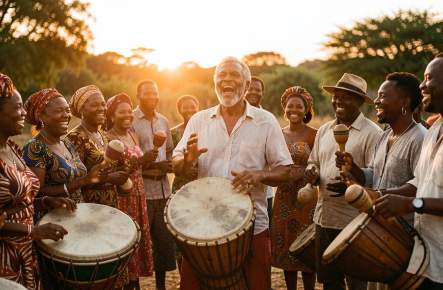 Un chanteur créole entouré de musiciennes et musiciens joue du roulèr et du kayamb lors d’un kabar réunionnais au coucher du soleil.