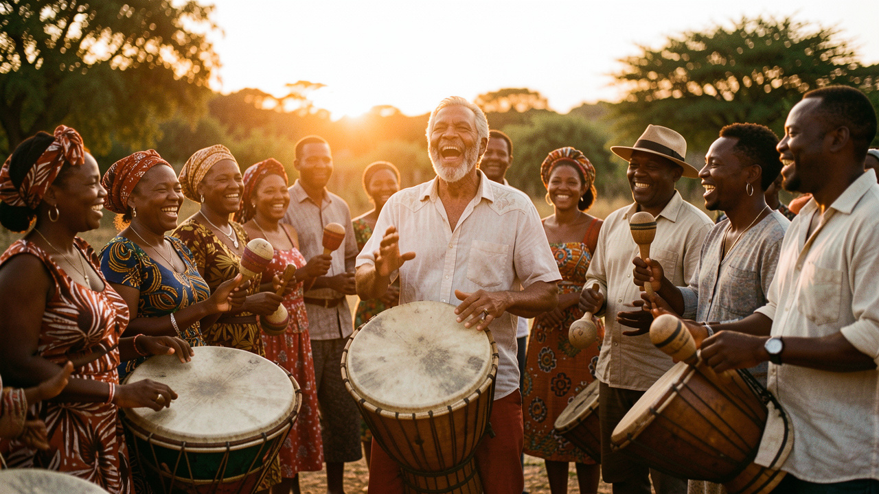 Un chanteur créole entouré de musiciennes et musiciens joue du roulèr et du kayamb lors d’un kabar réunionnais au coucher du soleil.