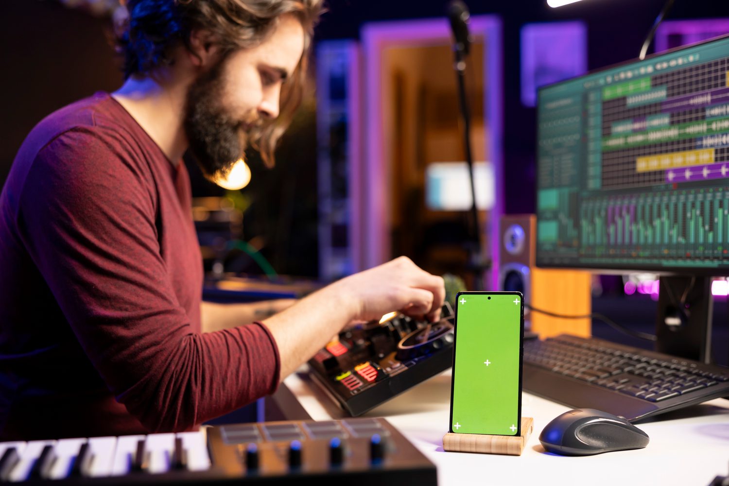 Producteur de musique testant une instru drill sur les haut-parleurs d’un téléphone.