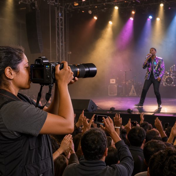 Une femme photographe prend des images d’un concert depuis le public, face à une scène éclairée de bleu, de violet et d’ambre.